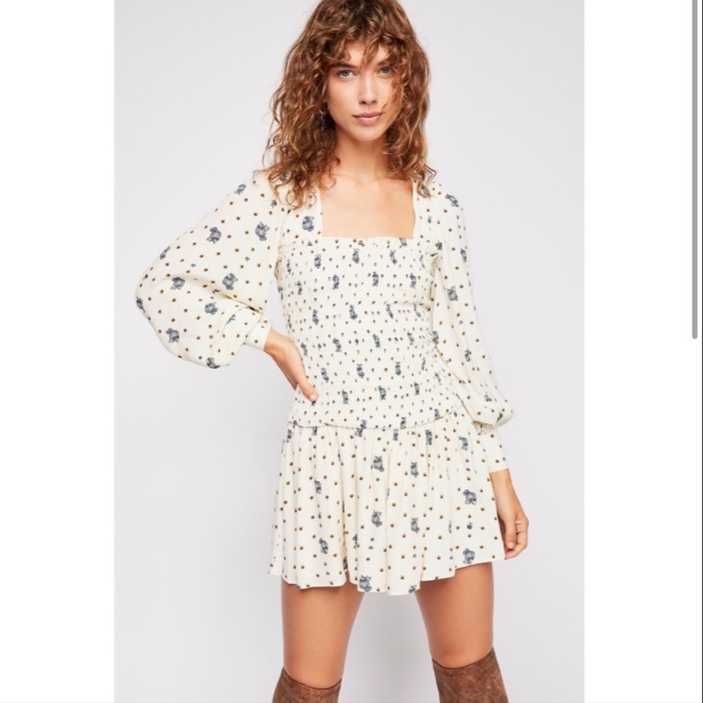 Free People Two Faces mini white smocked dress
